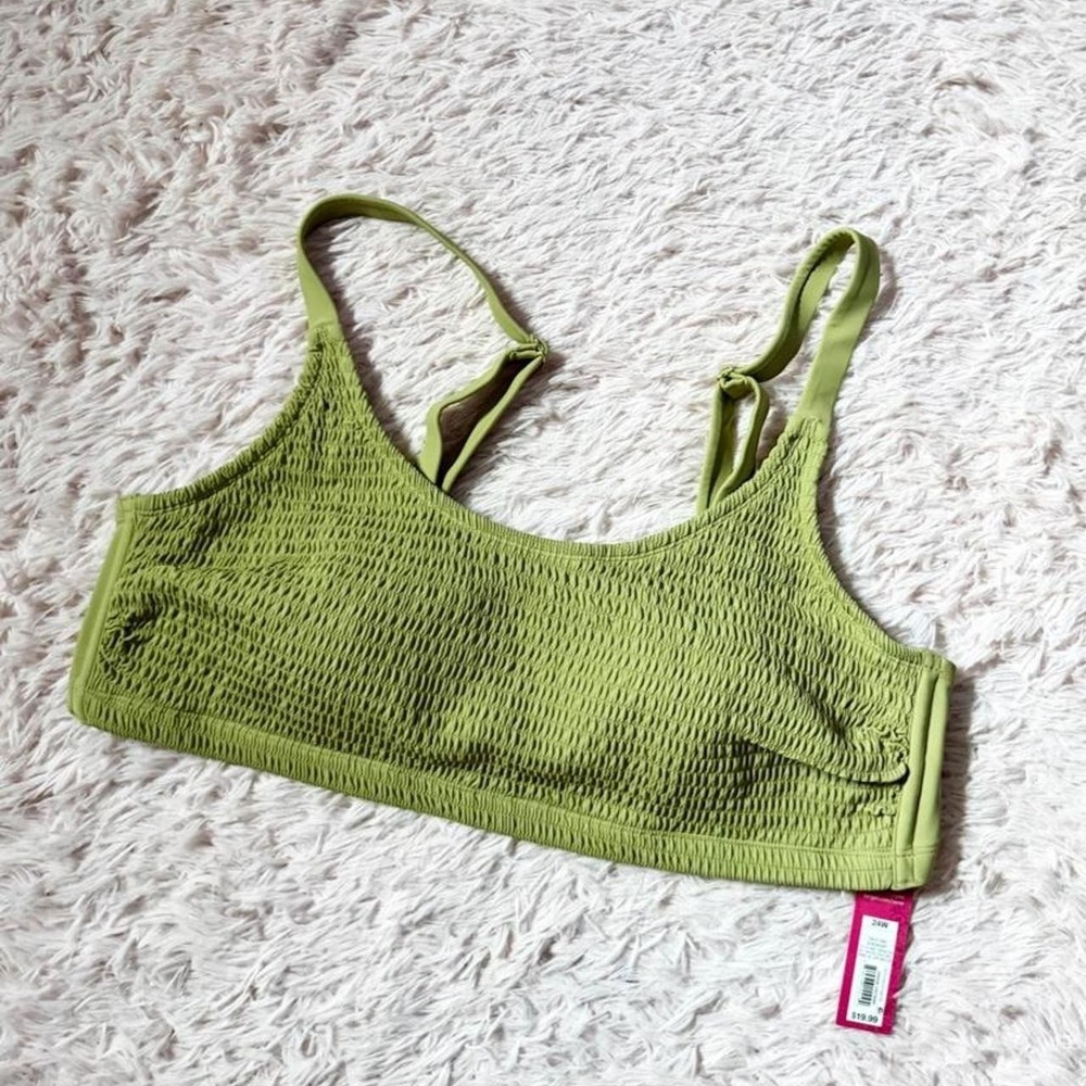 Earthy Green Smocked Boho Festival Beachy Botantical Swim Top Womens 24W Granola